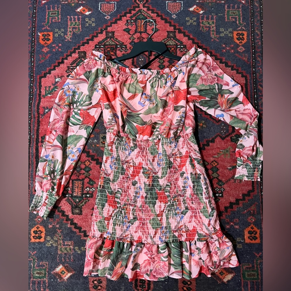 bebe Floral smocked off the shoulder dress